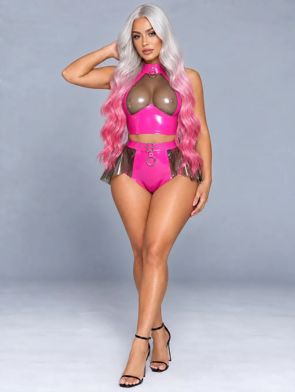 Latexelle High-Neck Cutout Peplum Latex Lingerie Set — Statement Two-Piece