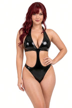 Latexelle Halter Cutout Latex Bodysuit — Sculpted Plunge One-Piece