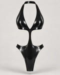 Latexelle Halter Cutout Latex Bodysuit — Sculpted Plunge One-Piece