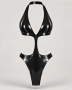 Latexelle Halter Cutout Latex Bodysuit — Sculpted Plunge One-Piece