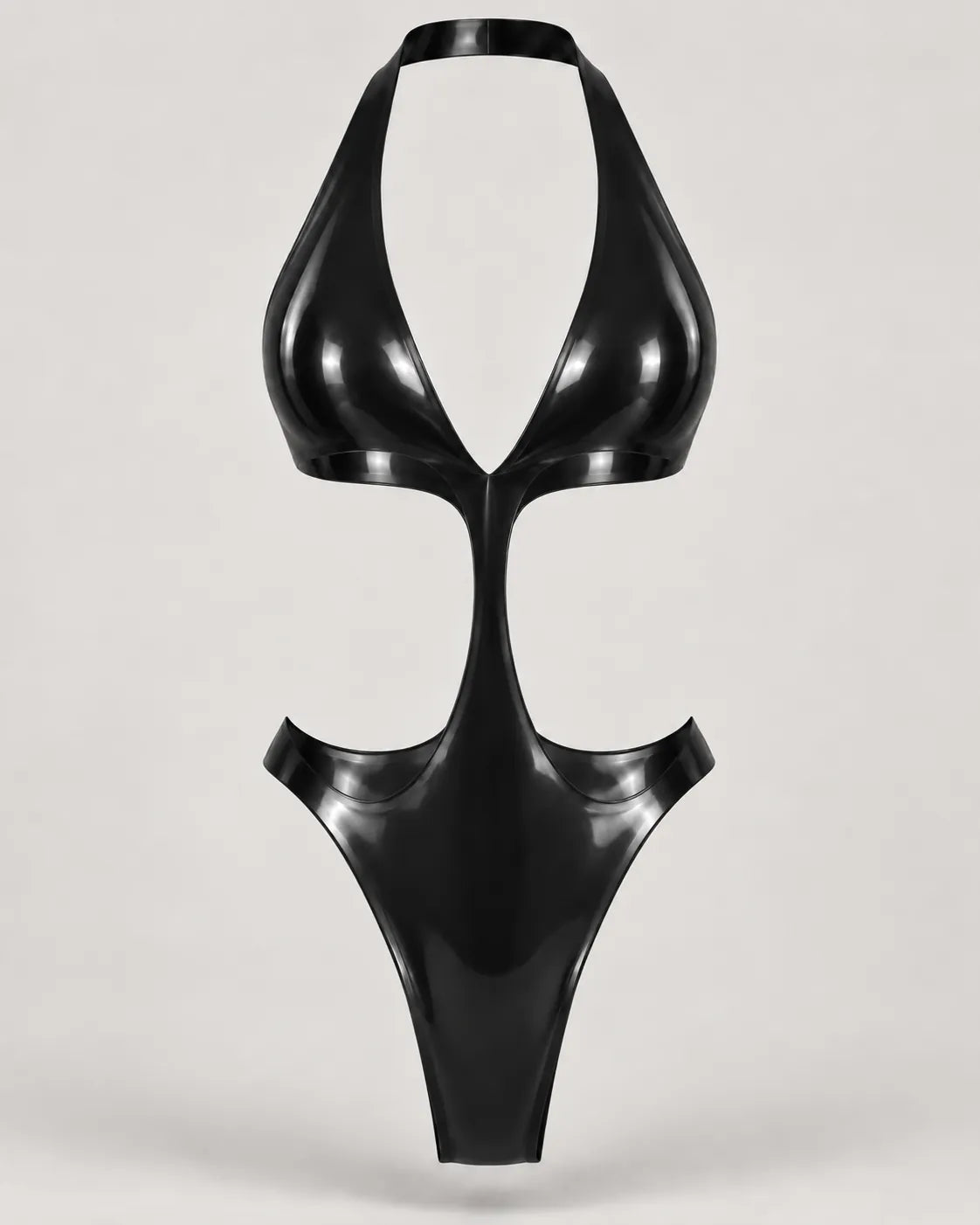 Latexelle Halter Cutout Latex Bodysuit — Sculpted Plunge One-Piece