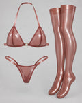 Latexelle Halter Thong & Stocking Latex Lingerie Set — Sheer-Look Three-Piece
