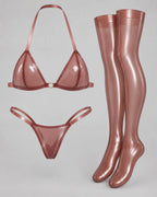 Latexelle Halter Thong & Stocking Latex Lingerie Set — Sheer-Look Three-Piece