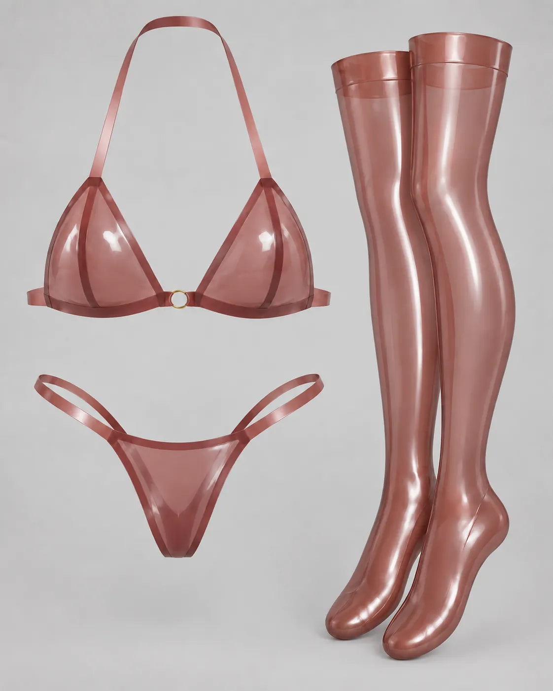 Latexelle Halter Thong & Stocking Latex Lingerie Set — Sheer-Look Three-Piece