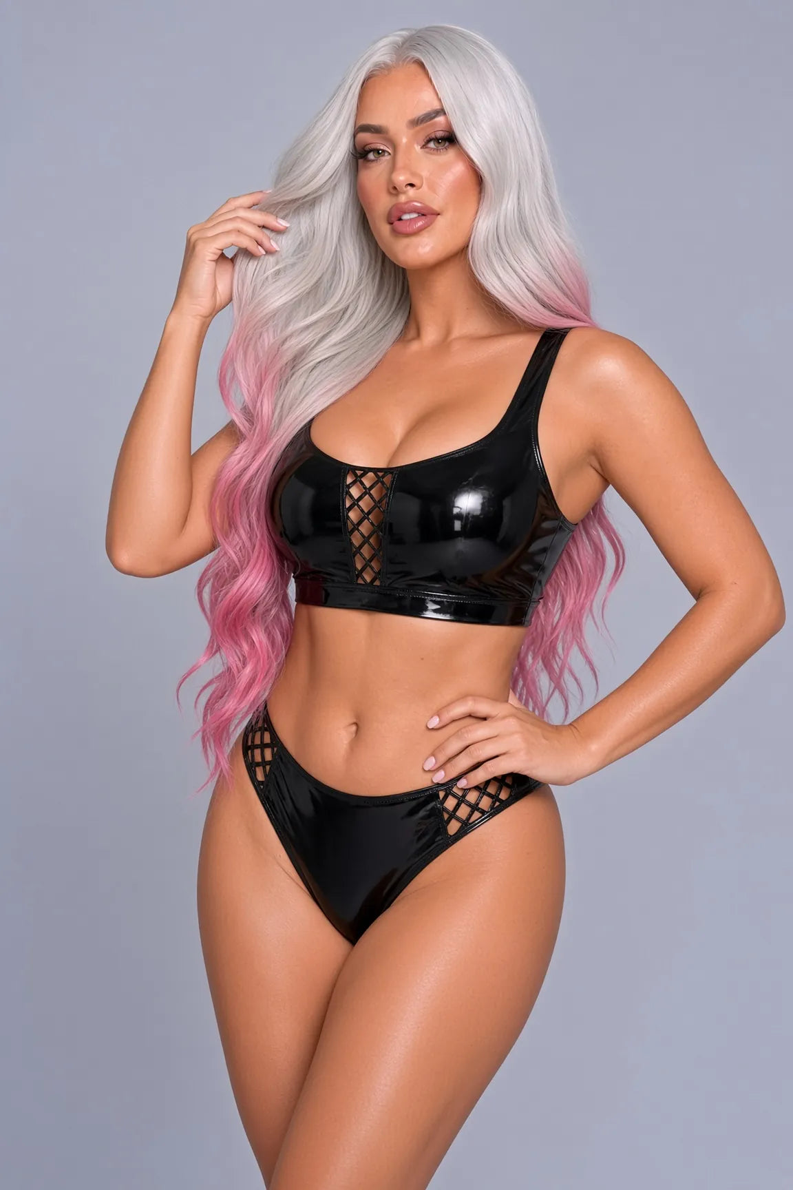 Latexelle Lattice Cutout Latex Lingerie Set — Bra & Briefs