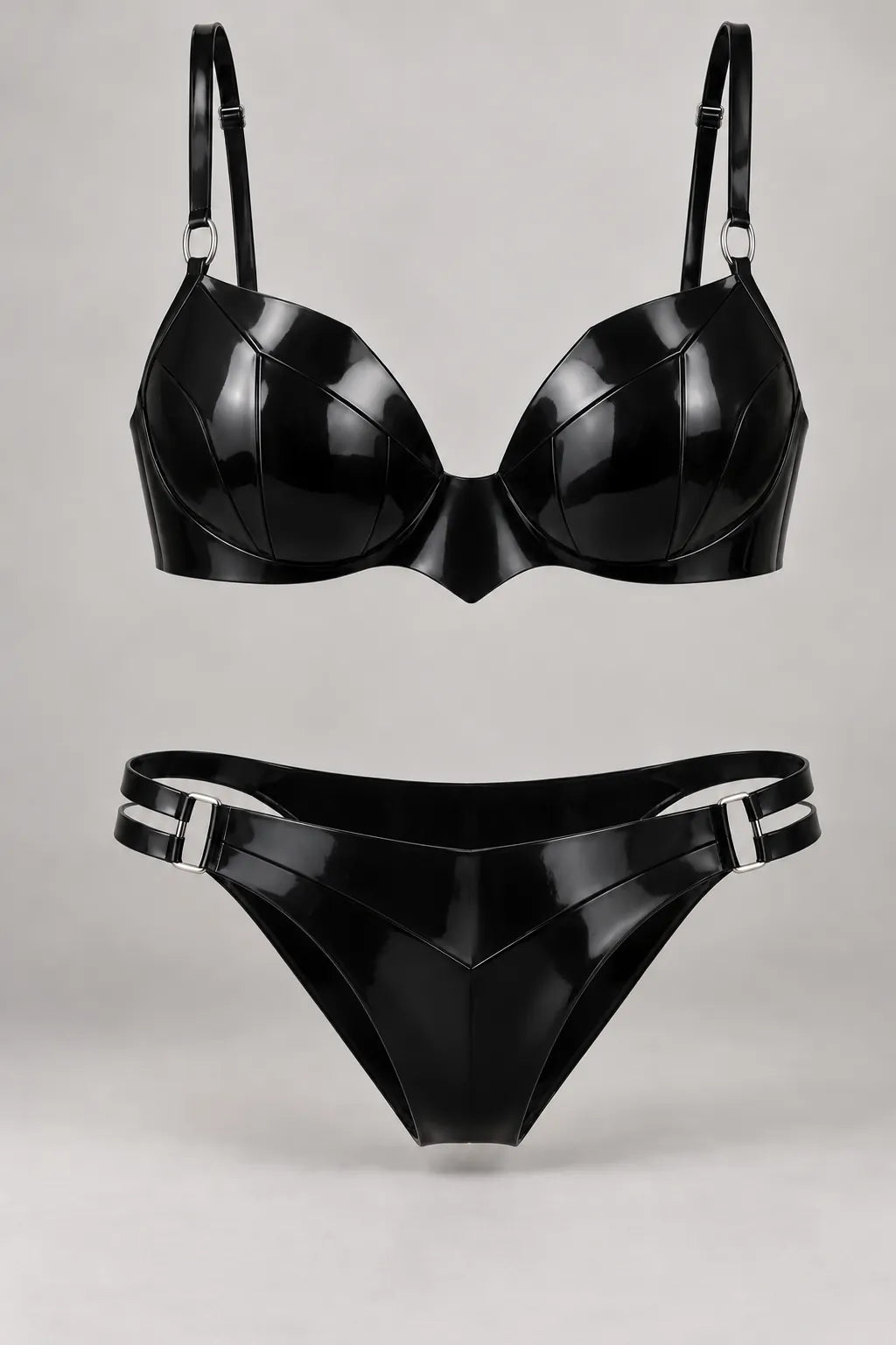 Latexelle Sheer-Panel Latex Lingerie Set — Contoured Bra & Double-Strap Briefs