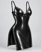 Latexelle Lace-Trim Latex Mini Dress — Bow Detail & Side Slit