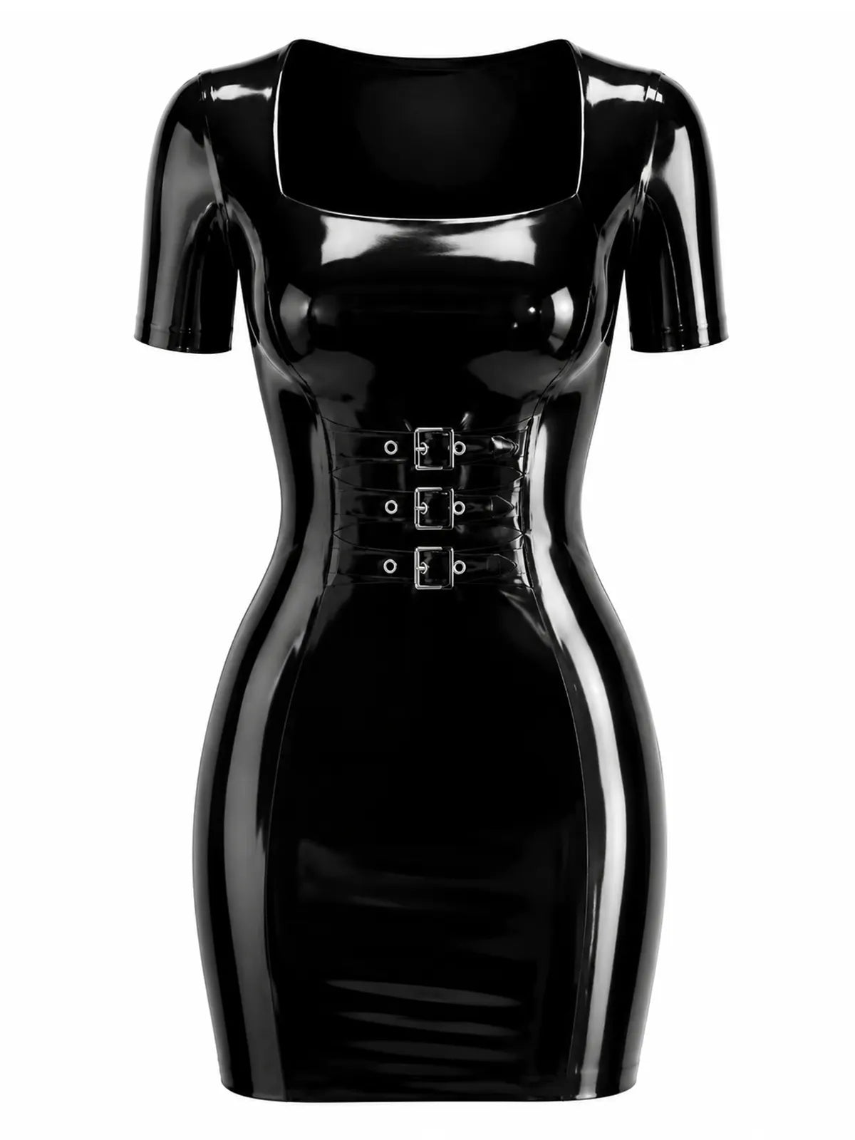 Latexelle Short Sleeve Buckle Waist Latex Mini Dress