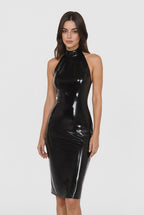 open-back-high-neck-latex-midi-dress-glossy-column-silhouette-video-01