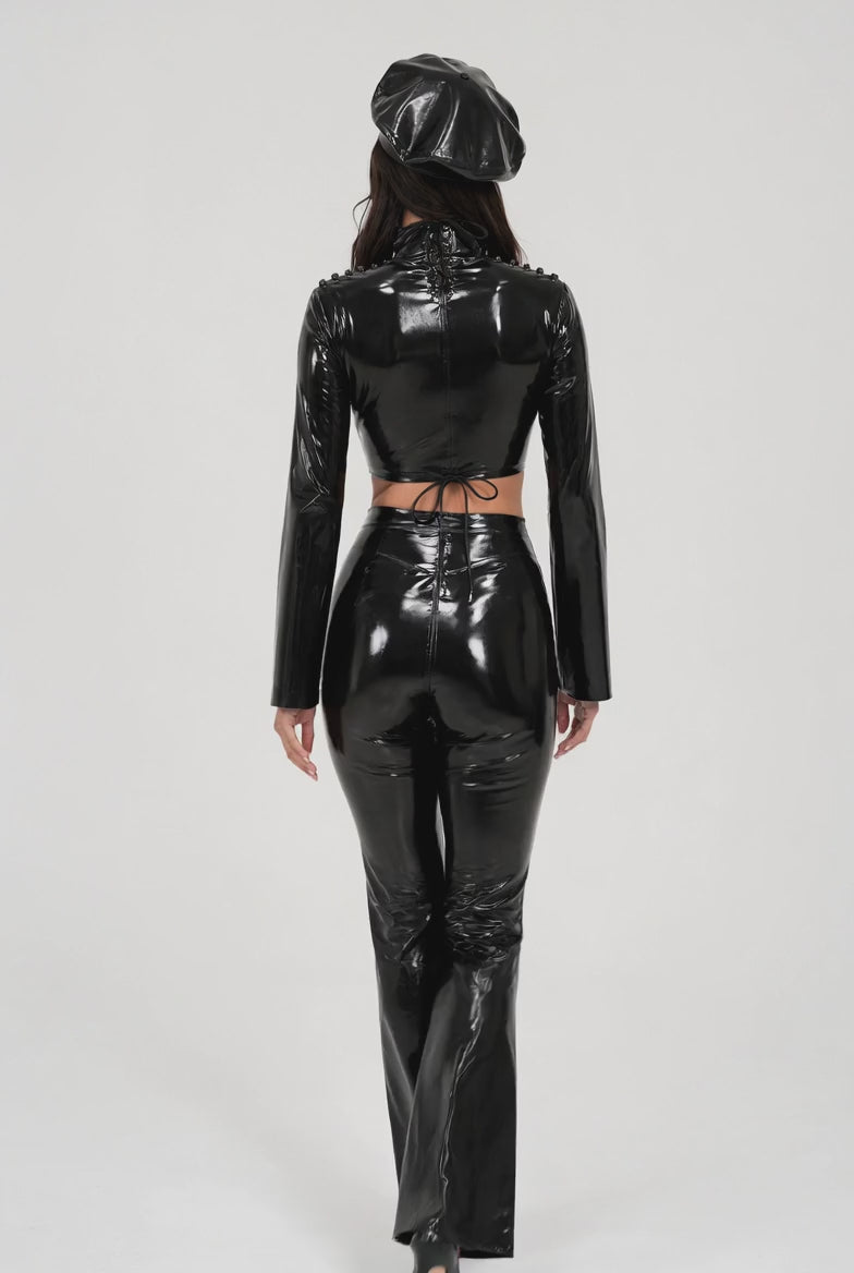 brown-latex-flare-jumpsuit-sculpted-all-over-fit-video-01